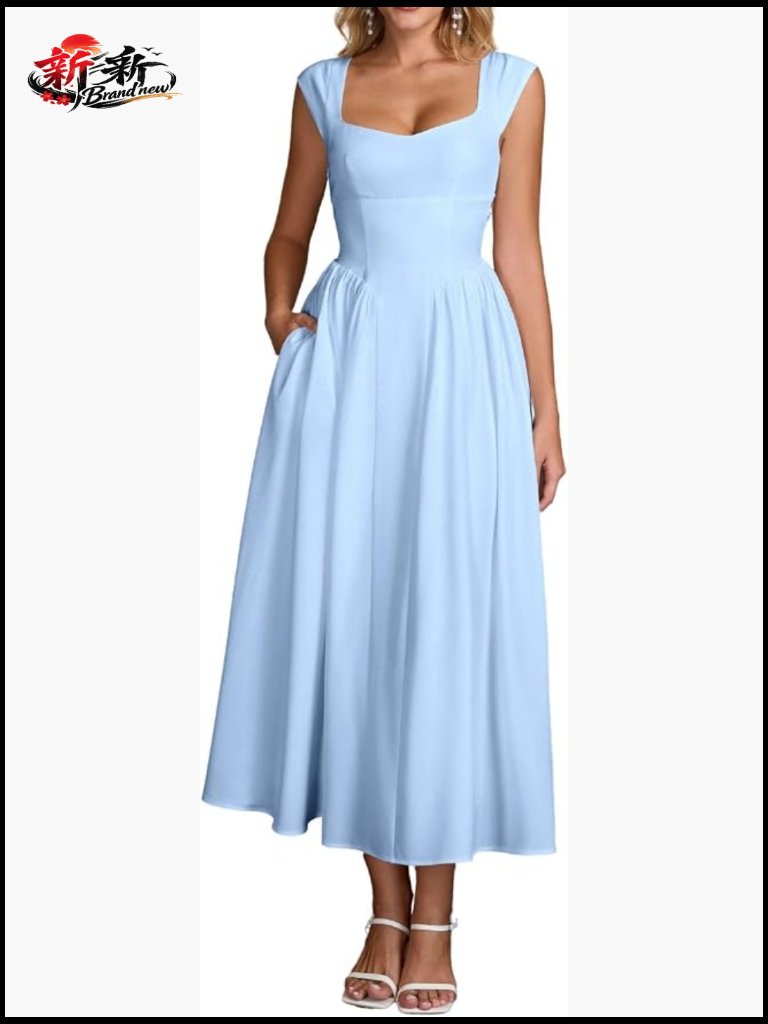 Square Neck Sleeveless A-Line Midi Dress With Pockets